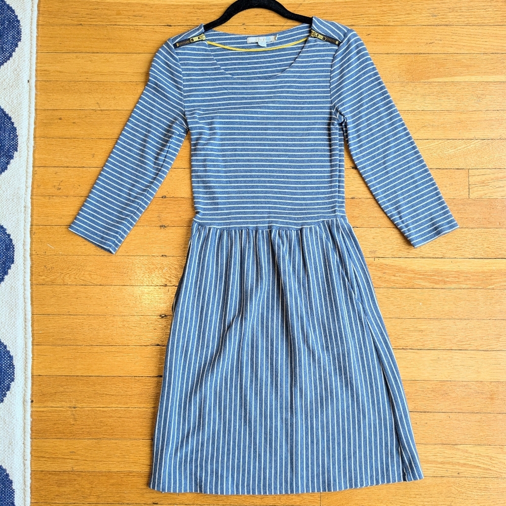 Boden Fit and Flare Striped Blue Janie Dress with Zipper Shoulder Detail